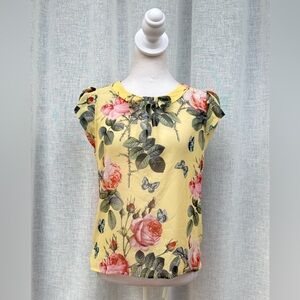 Rinascimento yellow rose pattern short sleeve sheer silk blouse